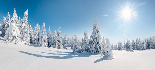 Panoramic winter mountain landscape with bright sun and clear blue sky. Snowy slopes and untouched alpine nature