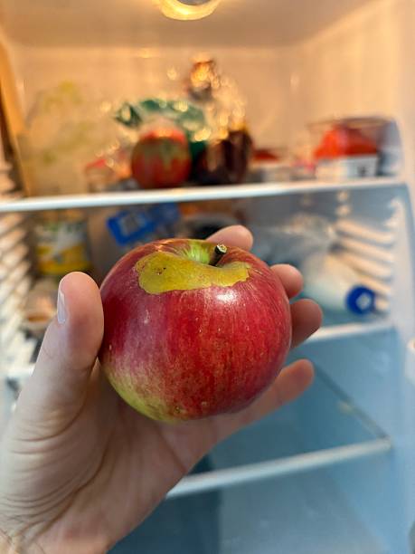 istock red fresh apple in hand against the background of an open refrigerator 2250698753
