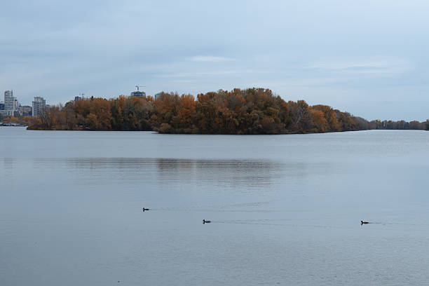 istock Tranquil Autumn Lake Scene with City Skyline 2250699073