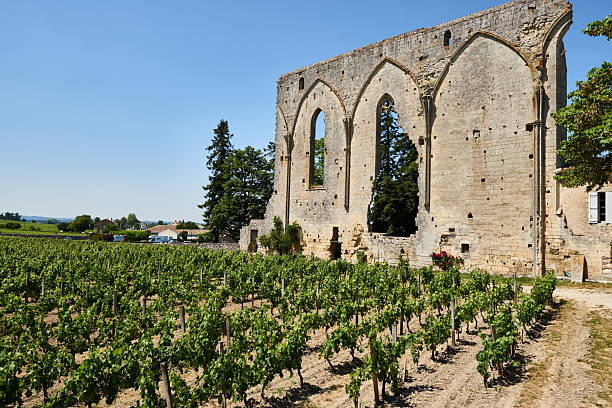 Rural French mellow village architecture in a woodland Charente landscape of rolling terraced vineyards and fields with a patchwork of stone buildings, churches and chateaux