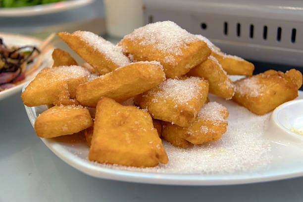 Caramel Fried Banana Or Flour Fried Banana With Caramelized Brown Sugar Sprinkle. Snack Menu. Top View.