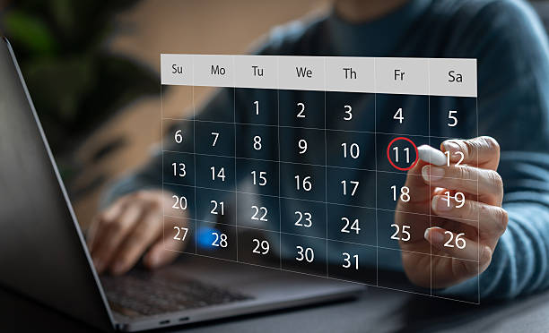 istock Calendar interface with marked date, hand pointing at schedule, planning productivity, deadline reminder, appointment booking and business workflow, smart organization tool, time management concept 2250725970
