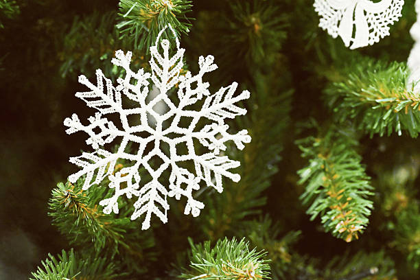 istock Decorated Christmas fir tree branch with snowflake on blurred background 2250728845