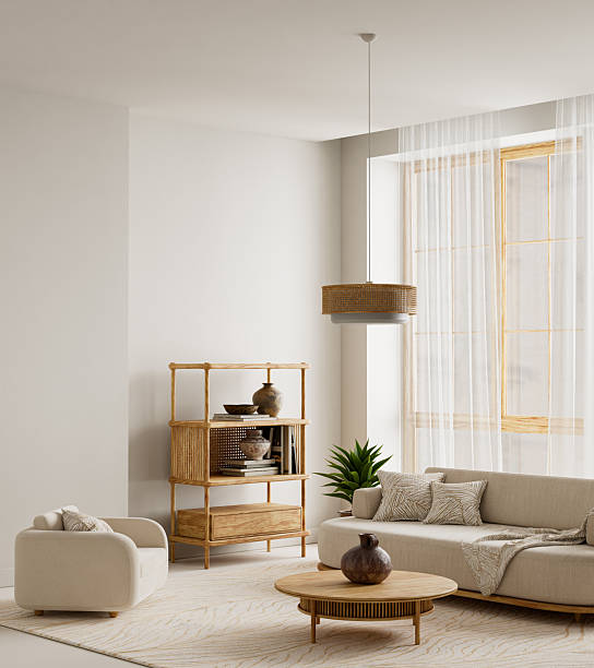 istock Soft neutral tones and warm natural textures create a calming interior with handcrafted wooden accents and gentle daylight, offering balanced text space for a serene modern scene 3D illustration 2250734902