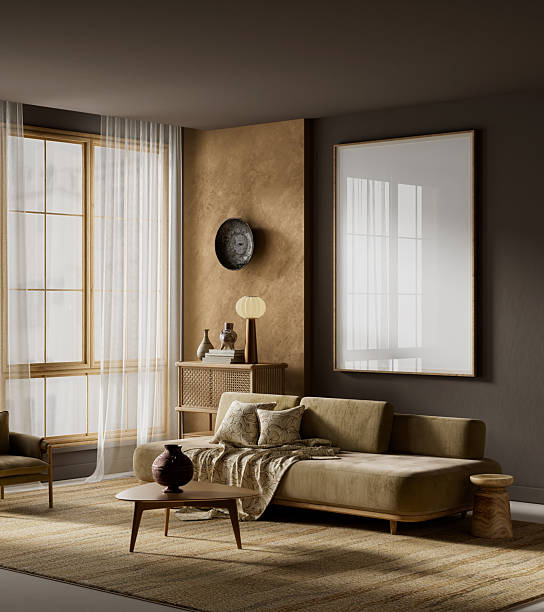 istock Moody contemporary interior with large poster frame mockup, deep brown palette and subtle ambient lighting for sophisticated living presentation. 3D illustration 2250734989