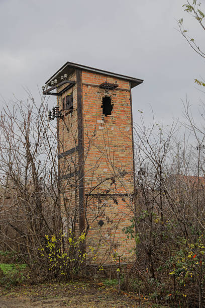 An Abandoned Brick Utility Tower Surrounded By Overgrown Vegetation In A Rural Area, Showing Signs Of Decay And Neglect Under An Overcast Sky.