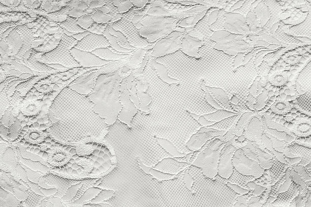 istock Delicate cloud white dancer lace on silk fabric backing. Bridal wedding dress textile 2250740485