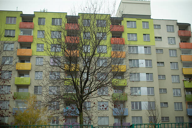 Multicolored apartment block facade with bare tree in foreground, housing stock portrait, playful balcony colors against overcast