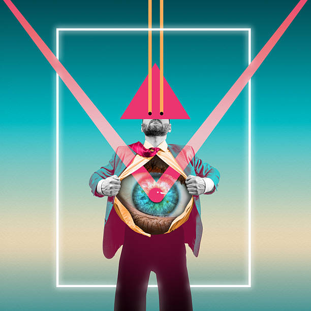 Surreal vibrant artwork of a man opening his suit to reveal a giant eye, combined with geometric shapes and neon accents.