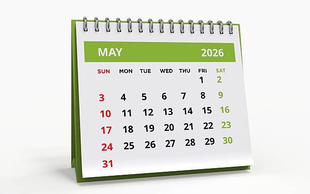 istock May 2026 Desktop Calendar Display on a White Background 2250743036