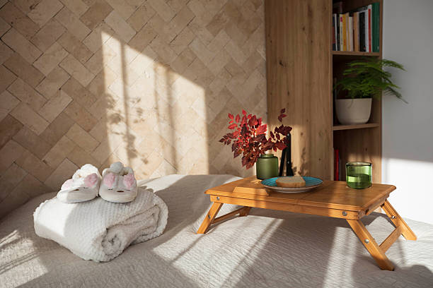 Modern and japandi-style bedroom with light wooden materials. winter background. 3d rendering.