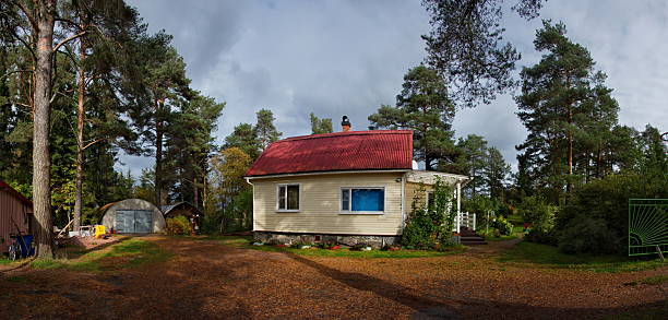 Småland, Sweden-June, 2021:Flowering meadow with a farmstead on a hill a sunny summer day