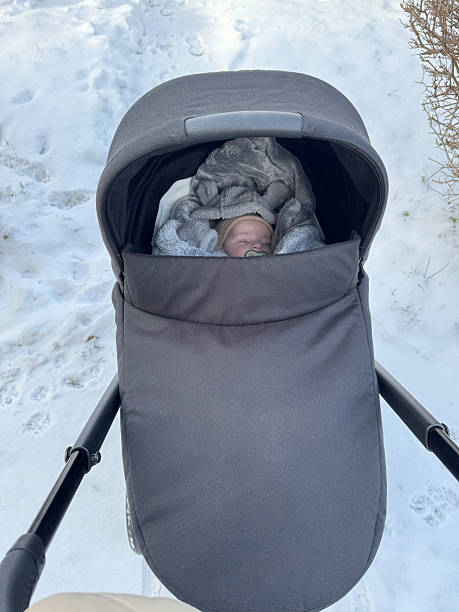 istock Sleeping newborn baby in winter stroller, wrapped warmly 2250755034