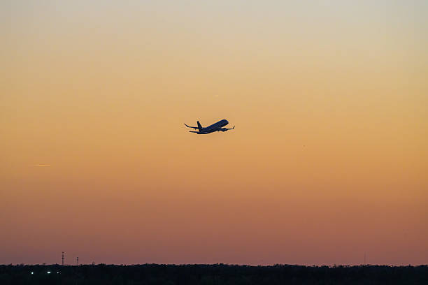 Airplane preparing to land on the runway in Pearson International airport at dusk, Toronto,Canada.