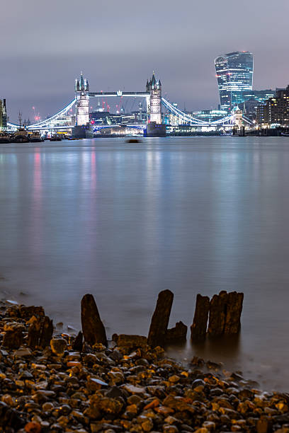 The banks of the River Thames at low tide London at night England Europe