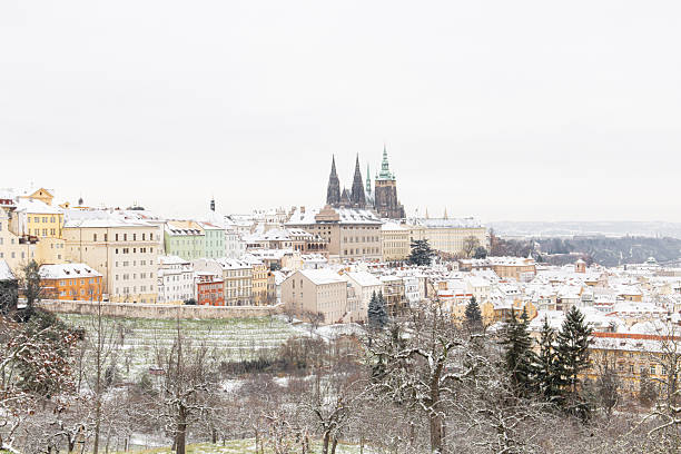 Prague, czech republic - november 24, 2025: historic prague panorama with snow-dusted buildings and trees during winter in hradcany