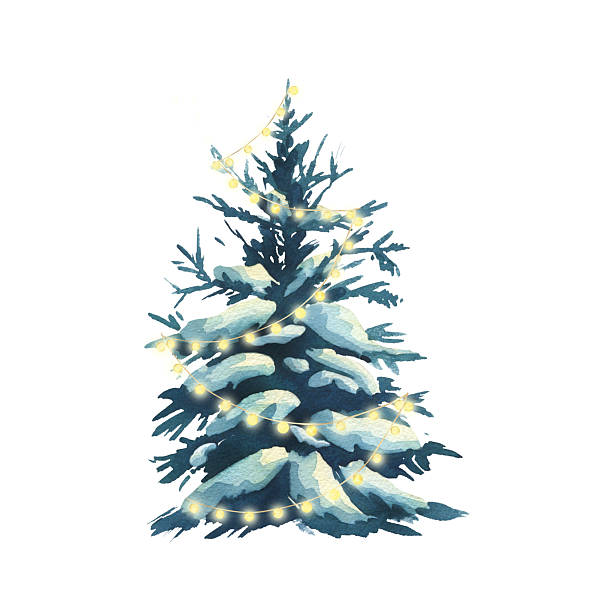 istock Snowy spruce tree with glowing string lights. Watercolor hand drawn winter nature illustration for Christmas greeting card, holiday poster, New Year party invitation. 2250764217