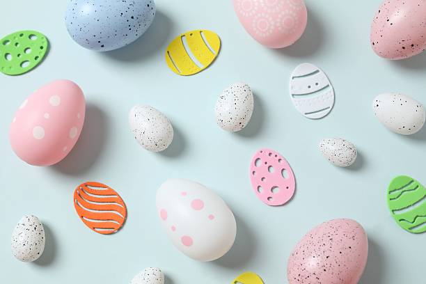 istock Happy Easter. Colorful eggs on color background, space for text or advertising 2250765208
