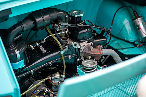 Blue detail of Ford Mustang oldtimer engine