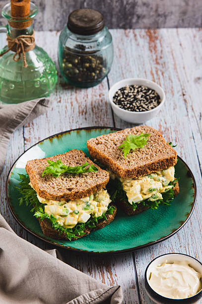 istock Eggs, avocado on lettuce leaves on toast on a plate on the table vertical view 2250779403