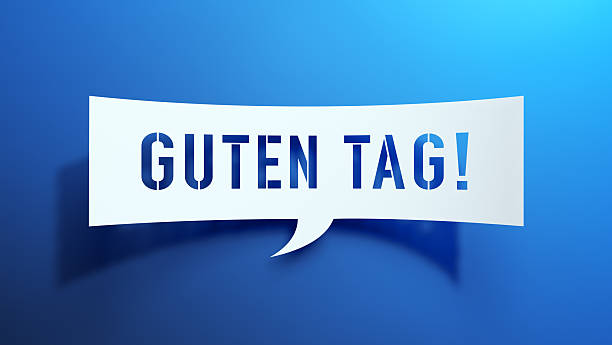 3D illustration of a white cut-out paper speech bubble featuring stencil-style “GUTEN TAG!” text on a vibrant blue gradient background.