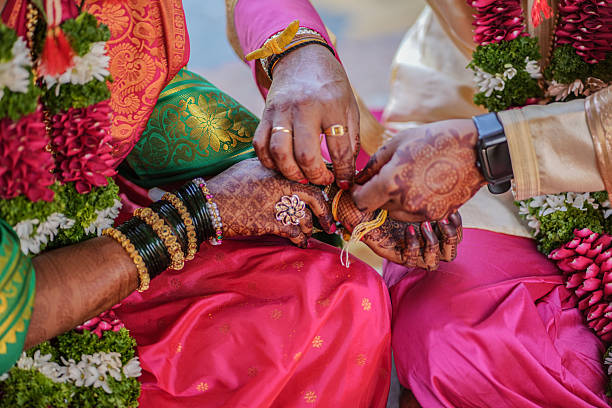 Close-up photograph of a Hindu wedding ritual where the groom ties a sacred yellow thread on the bride’s mehendi-decorated wrist, showcasing traditional attire, bangles and cultural ceremony details.