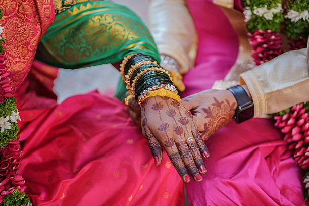 istock Traditional Indian wedding ritual tying sacred thread on bride’s wrist 2250781158