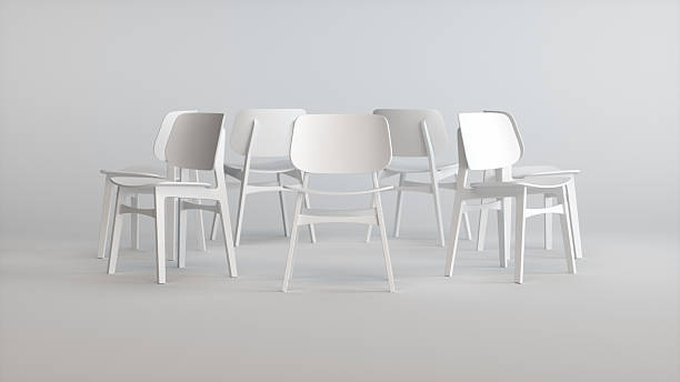 istock 3D Circle of Minimal White Chairs in Clean Studio 2250781209
