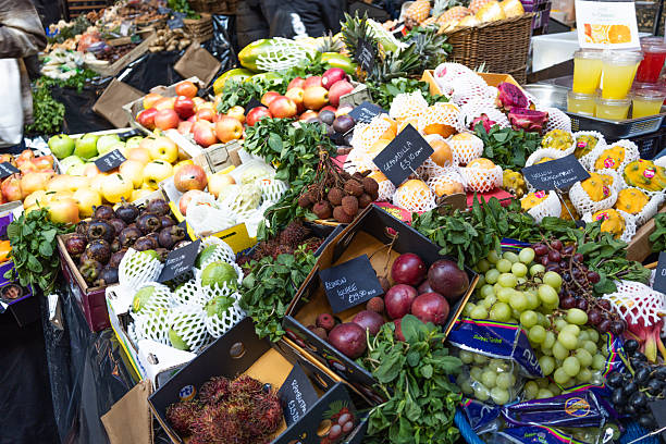 A fresh fruit stall at the famous Borough Market. London, UK, 17 December 2023
