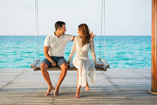 istock Young couple having fun on swing on jetty on Maldives 2250796801