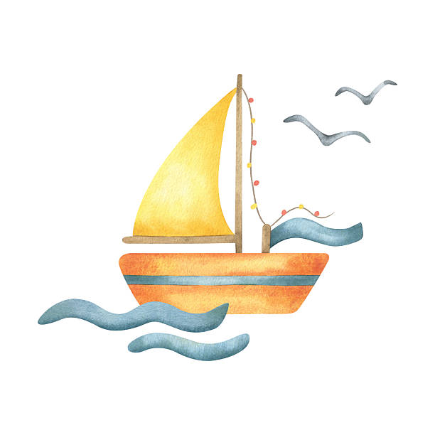 istock Sailboat on blue waves with flying seagulls. Summer holiday kid travel concept. Hand-painted children watercolor illustration of small boat. Ship for baby shower card, kids room, poster, birthday. 2250797942