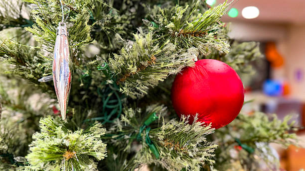 istock Red and Silver Christmas Ornaments Hanging on Evergreen Tree 2250799075
