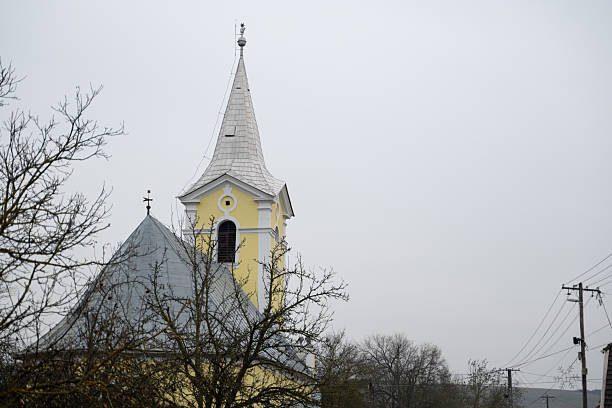 A yellow church tower with a silver steeple stands against an overcast sky, partially framed by leafless trees. The muted winter colors and soft light create a calm, quiet atmosphere. The composition highlights the contrast between the architectural structure and the natural surroundings.