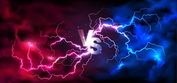 Red vs blue lightning clash on dark background 1 confrontation stock illustrations