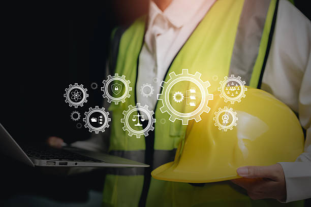 istock Operational process concept, worker holding safety helmet with digital gear icons, workflow system structure, efficiency improvement, organizational management clarity. 2250816416