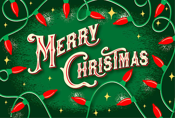 Vector illustration of a Hand lettered Merry Christmas Greeting design template with red Christmas string lights on dark green background. All fonts outlined or expanded. Download includes vector eps and high resolution jpg.