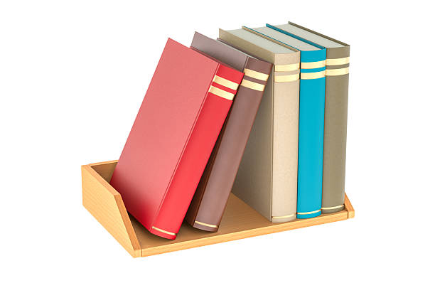 Colorful Books on wooden shelf, 3D rendering isolated on white background