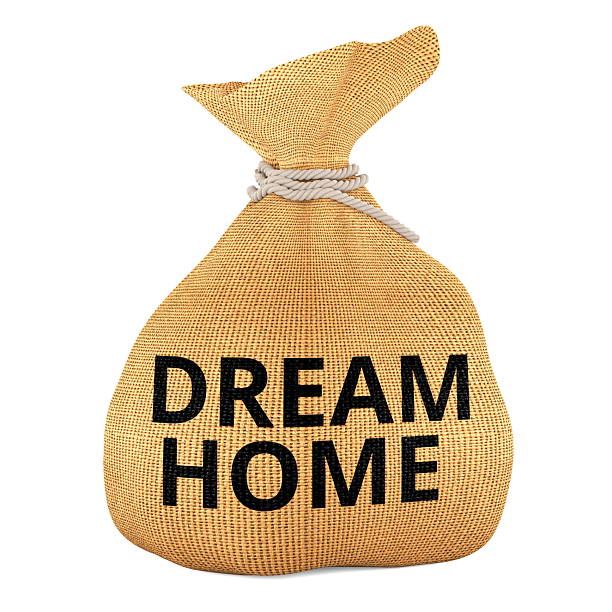 istock Dream home savings concept with burlap money bag. 3D rendering 2250829277