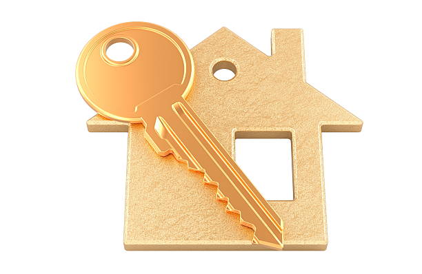 istock Golden house key and gold home shaped pendant. 3D rendering 2250830613