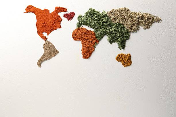 istock World map of different spices on white textured table, flat lay. Space for text 2250838222