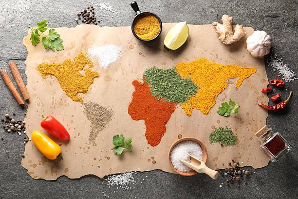 istock World map of different spices and products on grey table, top view 2250838325