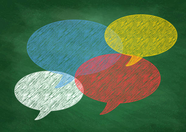 Hand-drawn colorful speech bubbles and communication illustrations on a blackboard background