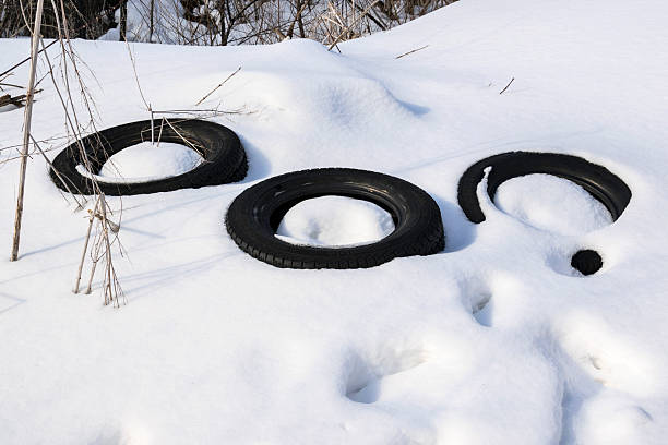 Old car tires thrown into a snowdrift among a weed bush