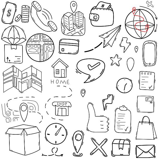 istock Large set of doodles for an app or website, orders and purchases in an online store, vector isolated element, hand-drawn, outline, Set of icons for mobile apps, websites, and services for delivery 2250868189