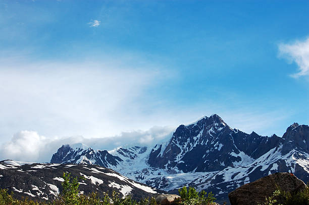 This image showcases majestic snow-covered mountain peaks under a clear blue sky, highlighting the beauty of natural mountain landscapes.