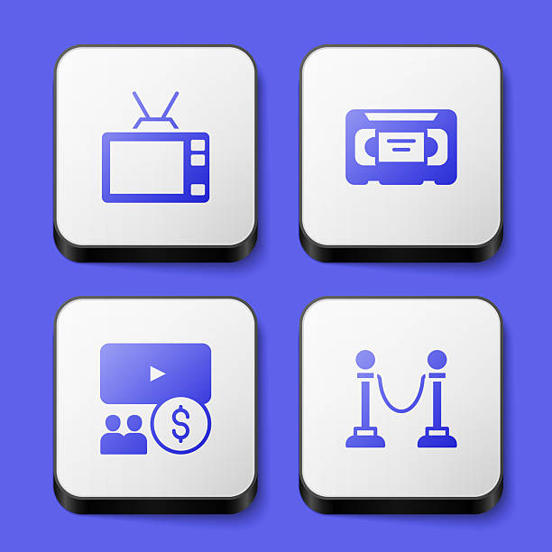 istock Set Retro tv, VHS video cassette tape, Cinema auditorium with screen and Rope barrier icon. White square button. Vector 2250880443