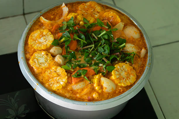 Concept of exotic food, curry, cooking, home cooking, flavorful broth, and traditional dish from Southeast Asia