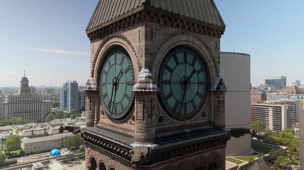 istock Close drone view of Old City Hall clock face and stonework 2250884874