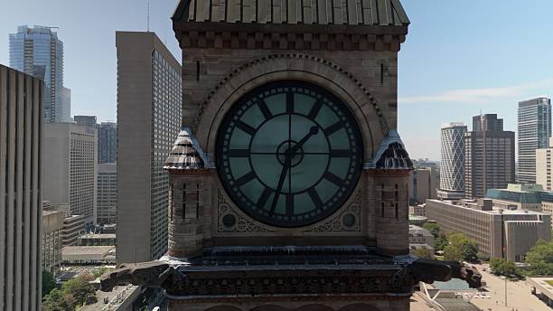istock Close drone view of Old City Hall clock face and stonework 2250884893