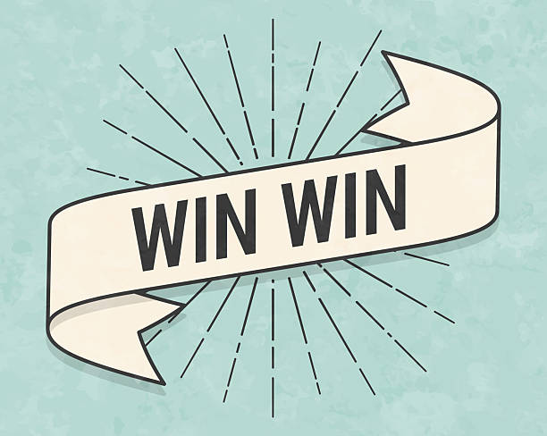 Win Win. Banner, ribbon, label in a trendy vintage style. Beautiful retro ribbon with old textured paper and sunbursts in the background. Colors used: green, blue, beige and black. The banner is beige with a black outline, the sunbursts and the text are black. The background is green-blue. Vector Illustration (EPS file, well layered and grouped). Easy to edit, manipulate, resize or colorize. Vector and Jpeg file of different sizes.